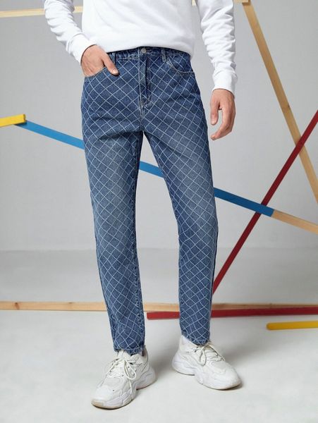 men plaid pattern jeans b4jb#, Blue