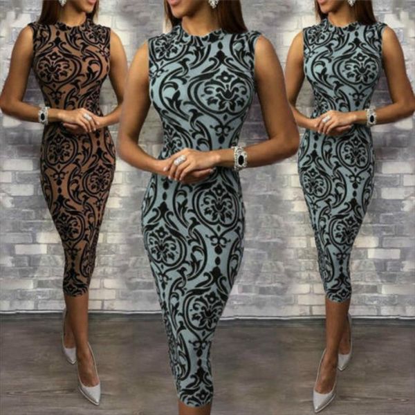 2019 party dress women elegant mid calf dress bodycon floral print sleeveless evening lady clothes drop shipping, Black;gray 
2019 party dress women elegant mid calf dress bodycon floral print sleeveless evening lady clothes drop shipping, Black;gray