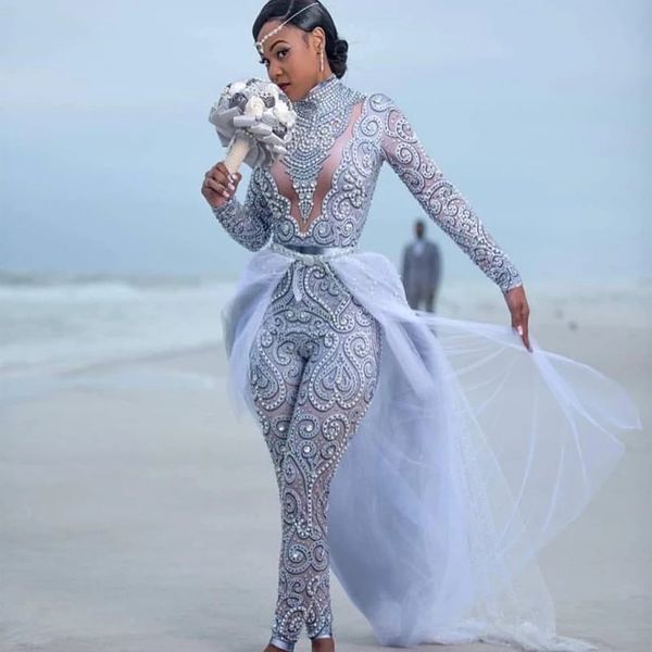 wedding dress gorgeous jumpsuits with detachable train high neck beads crystal long sleeves modest dresses african bridal gowns, White
wedding dress gorgeous jumpsuits with detachable train high neck beads crystal long sleeves modest dresses african bridal gowns, White