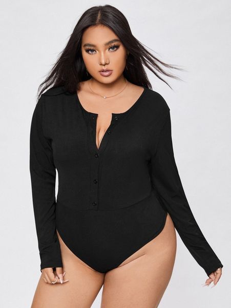 plus ribbed knit button front bodysuit i1mr#, Black
plus ribbed knit button front bodysuit i1mr#, Black