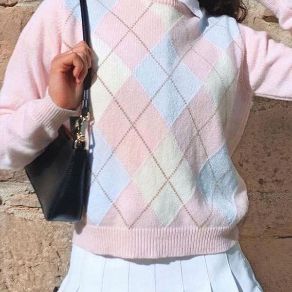 pink plaid knitted long sleeve autumn sweater women preppy style cute y2k jumpers winter fashion knitwear, White;black
pink plaid knitted long sleeve autumn sweater women preppy style cute y2k jumpers winter fashion knitwear, White;black