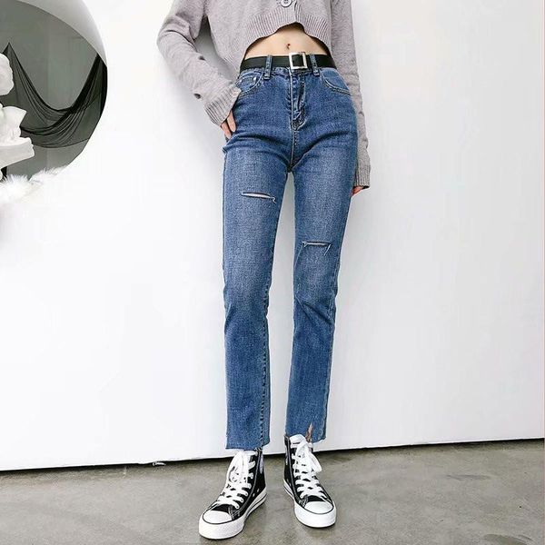 women's jeans 2021 autumn and winter retro low waist hole small trumpet women, street casual wild color thin straight ladies, Blue
women's jeans 2021 autumn and winter retro low waist hole small trumpet women, street casual wild color thin straight ladies, Blue