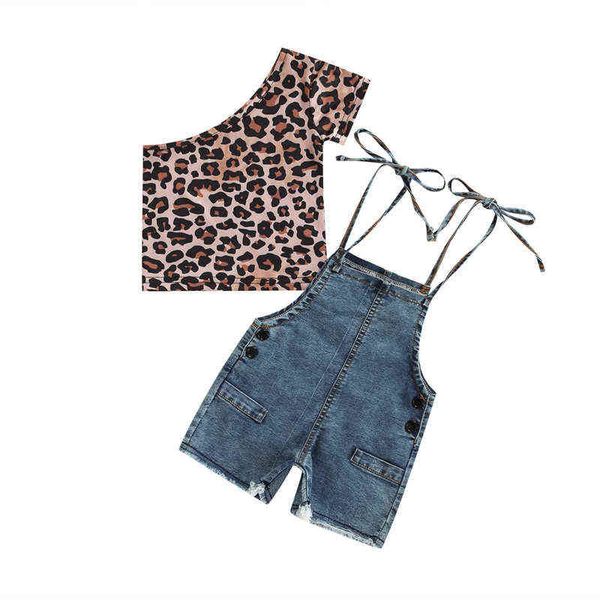 baby girls trend summer outfits one shoulder leopard print t-shirts and blue denim suspender shorts set summer 2 pieces kids g220217, White