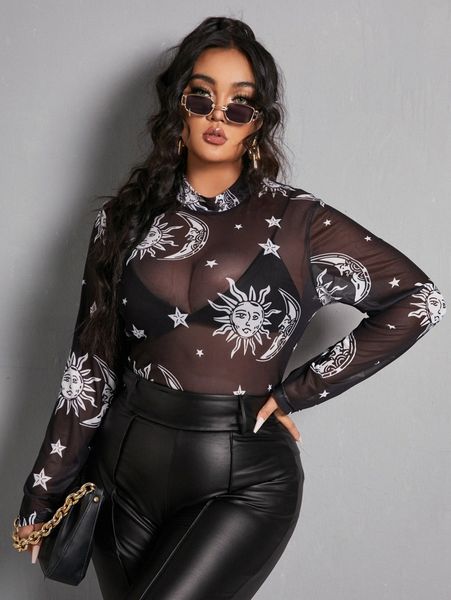 plus sun and moon print mesh without bra h0mr#, Black 
plus sun and moon print mesh without bra h0mr#, Black