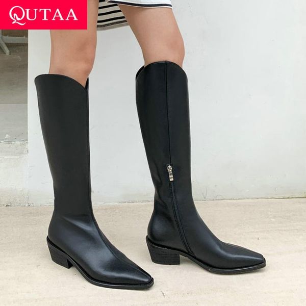 qutaa 2021 cow leather pu knee high boots square high heel fashion long boots pointed toe zipper women shoes big size 34-43, Black
qutaa 2021 cow leather pu knee high boots square high heel fashion long boots pointed toe zipper women shoes big size 34-43, Black