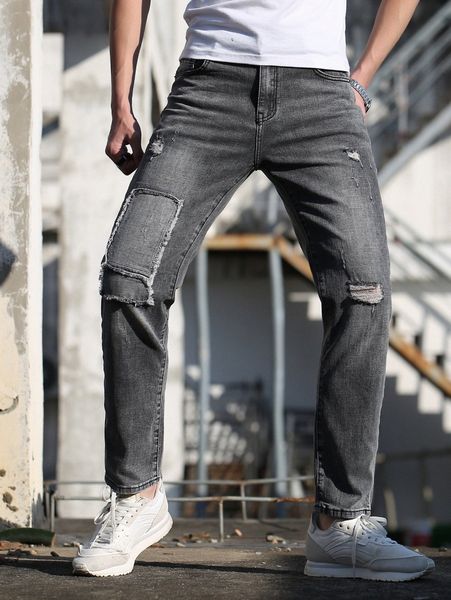 men ripped raw trim washed jeans q04i#, Blue