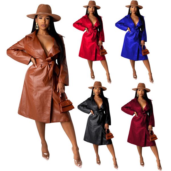 pu leather trench coats womens designer solid color lapel neck long sleeve slim outerwear clothes elegant fashion women long coats with sash, Black
pu leather trench coats womens designer solid color lapel neck long sleeve slim outerwear clothes elegant fashion women long coats with sash, Black