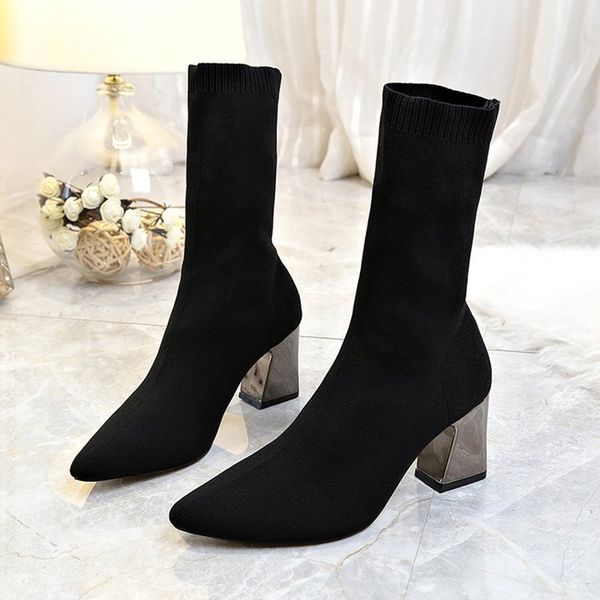women's knitting elastic sock boots new fashion women pointed toe high heel mid calf boots woman stretch shoes fletite 201022, Black
women's knitting elastic sock boots new fashion women pointed toe high heel mid calf boots woman stretch shoes fletite 201022, Black