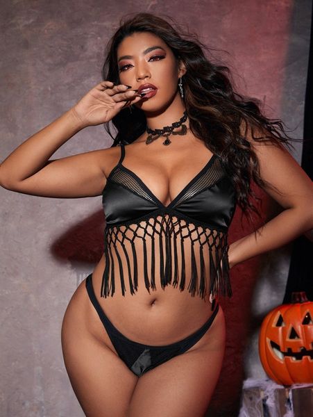 plus contrast mesh macrame hem lingerie set f61a#, Black;white
plus contrast mesh macrame hem lingerie set f61a#, Black;white