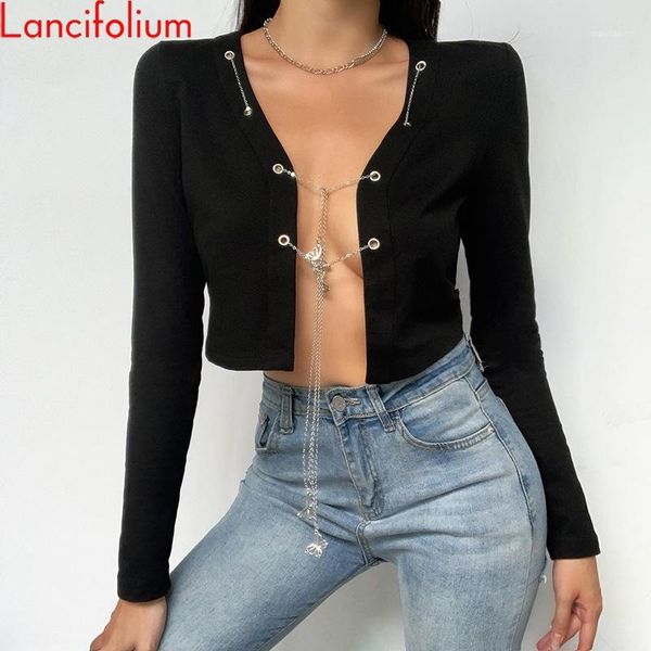 t shirt women summer fall long sleeve crop ladies chain tie front cardigan black egirl cute tee shirt 2020 v neck, White
t shirt women summer fall long sleeve crop ladies chain tie front cardigan black egirl cute tee shirt 2020 v neck, White