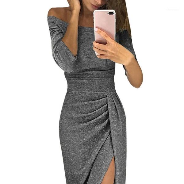 autumn slash neck women dress robe fashion solid pleated lady dresses high split sequin tunic dress vestidos1, Black;gray
autumn slash neck women dress robe fashion solid pleated lady dresses high split sequin tunic dress vestidos1, Black;gray