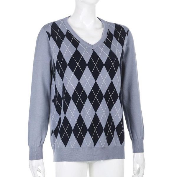 women long sleeve v-neck sweater preppy england style argyle plaid print pullover casual loose retro knitwear jumper, White;black
women long sleeve v-neck sweater preppy england style argyle plaid print pullover casual loose retro knitwear jumper, White;black