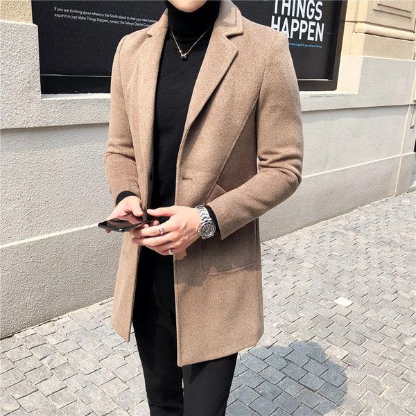 men's woolen coat fall / winter 2020 new korean slim suit collar mid length casual coat, Black
men's woolen coat fall / winter 2020 new korean slim suit collar mid length casual coat, Black