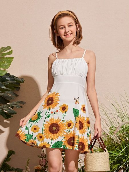 teen girls sunflower print cami dress she, Red;yellow