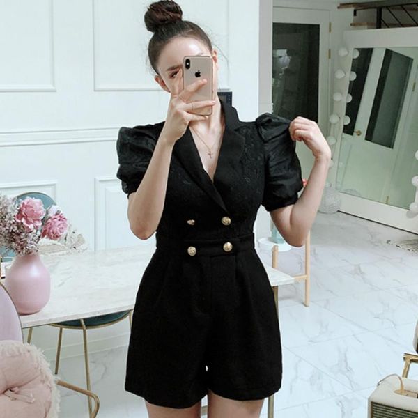 2020 korea notched puff short sleeve black cloth overalls womrn's double breasted high waist casual jumpsuit playsuits, Black;white
2020 korea notched puff short sleeve black cloth overalls womrn's double breasted high waist casual jumpsuit playsuits, Black;white