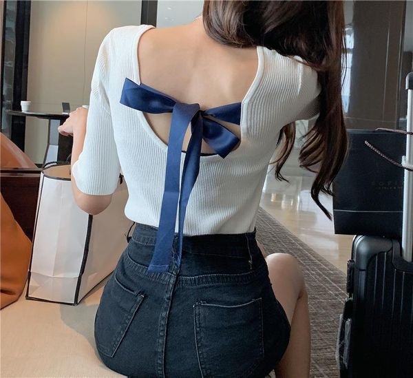 autumn women pullover white half sleeve casual new arrival 2021 korea lady backless pullover bow femme elegante black knitwear, White;black
autumn women pullover white half sleeve casual new arrival 2021 korea lady backless pullover bow femme elegante black knitwear, White;black