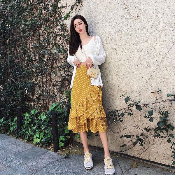 women summer chiffon dot mermaid skirt fashion high waist street trumprt ruffles ladies mid-calf empire skirts new1, Black
women summer chiffon dot mermaid skirt fashion high waist street trumprt ruffles ladies mid-calf empire skirts new1, Black