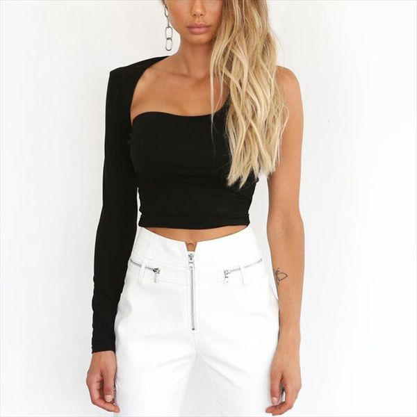 one sleeve cotton solid crop women casual one shoulder backless t shirts elegant stretchy black outfits tees, White
one sleeve cotton solid crop women casual one shoulder backless t shirts elegant stretchy black outfits tees, White