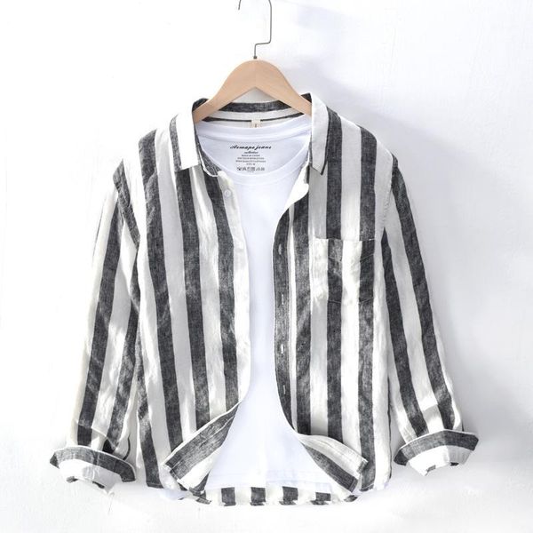 spring autumn fashion long sleeve striped shirts with pockets for men business casual japan minimalist linen 1, White;black