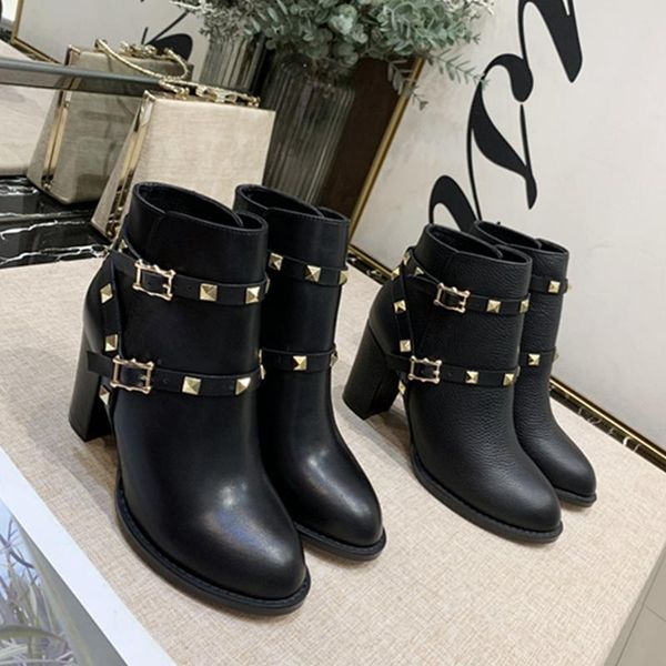 boots sharp golden rivets women ankle genuine leather chunky high heels buckle decor autumn winter boot, Black 
boots sharp golden rivets women ankle genuine leather chunky high heels buckle decor autumn winter boot, Black
