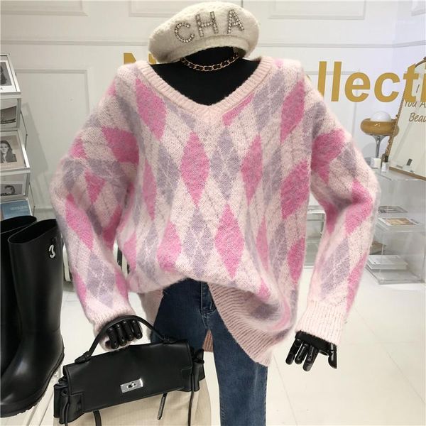 women's sweaters niche design plaid sweater v-neck diamond knit women autumn / winter 2021 loose lazy style color fashion ins1, White;black
women's sweaters niche design plaid sweater v-neck diamond knit women autumn / winter 2021 loose lazy style color fashion ins1, White;black