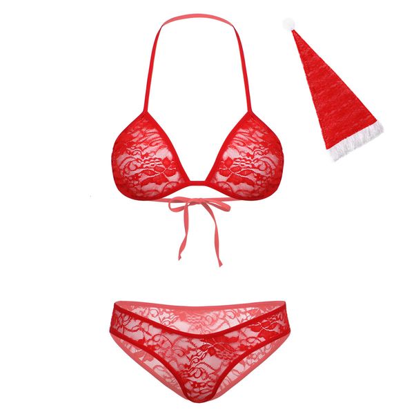 women christmas set see-through sleepwear lingerie halter lace up wireless bra red briefs with hat, Black;white
women christmas set see-through sleepwear lingerie halter lace up wireless bra red briefs with hat, Black;white