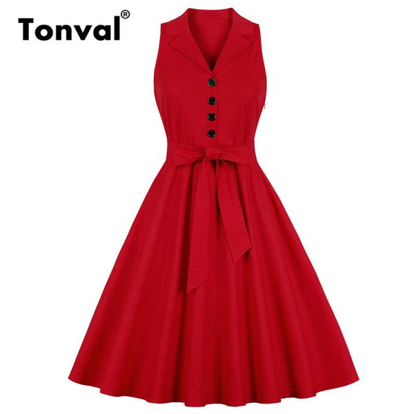 tonval red notched collar button up vintage sleeveless dress women belted office lady elegant dress summer retro midi dresses y0118, Black;gray
tonval red notched collar button up vintage sleeveless dress women belted office lady elegant dress summer retro midi dresses y0118, Black;gray