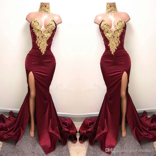 2021 burgundy high neck mermaid prom dresses gold lace appliques side split evening dresses party wear ba5998, Black
2021 burgundy high neck mermaid prom dresses gold lace appliques side split evening dresses party wear ba5998, Black