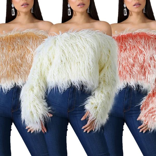 2020 winter women elegant sweaters off shoulder gradient color warm faux fur pullover short steetwaer ladies sweaters, White;black
2020 winter women elegant sweaters off shoulder gradient color warm faux fur pullover short steetwaer ladies sweaters, White;black
