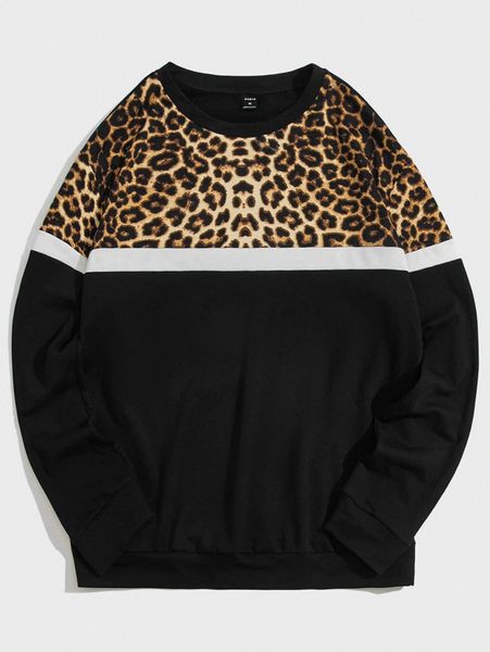 men colorblock leopard & striped print sweatshirt q6mk#, Black 
men colorblock leopard & striped print sweatshirt q6mk#, Black