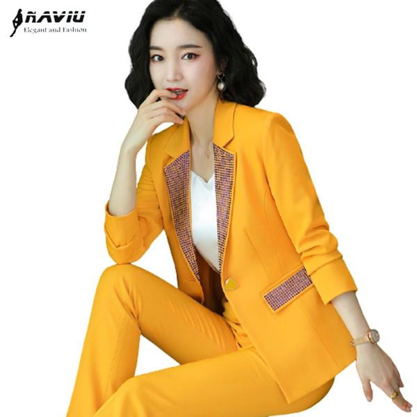 casual fashion pants suits women 2021 autumn new temperament yellow formal long sleeve slim blazer sets office ladies work wear, White 
casual fashion pants suits women 2021 autumn new temperament yellow formal long sleeve slim blazer sets office ladies work wear, White