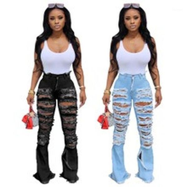 jeans women's pierced stretch oversized flared pants1, Blue