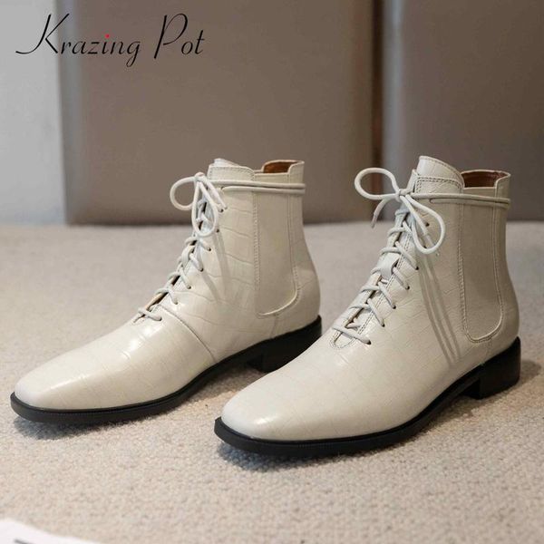 krazing pot short stretch boots genuine leather square toe thick med heel lace up comfortable soft ankle boots l96, Black
krazing pot short stretch boots genuine leather square toe thick med heel lace up comfortable soft ankle boots l96, Black