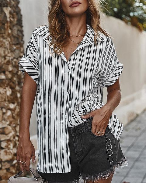women casual stripe short sleeve shirts office lady summer loose trun down collar long top, White
women casual stripe short sleeve shirts office lady summer loose trun down collar long top, White