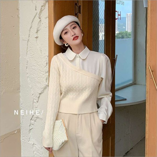 new style long sleeve stitched shirt women's autumn and winter french pure color knitted personalized warm bottomed blouse, White
new style long sleeve stitched shirt women's autumn and winter french pure color knitted personalized warm bottomed blouse, White