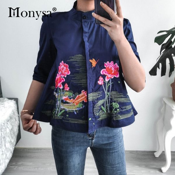 floral embroidery blouse women summer half sleeve elegant stand collar loose casual shirt womens white blue 201202
floral embroidery blouse women summer half sleeve elegant stand collar loose casual shirt womens white blue 201202