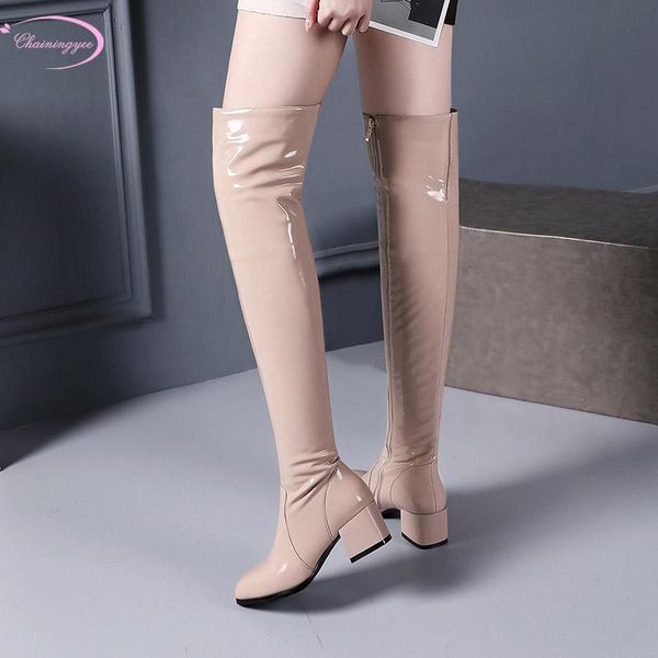 boots european street genuine leather over knee high stretch mirror patent zipper medium with thick heel women's riding, Black
boots european street genuine leather over knee high stretch mirror patent zipper medium with thick heel women's riding, Black