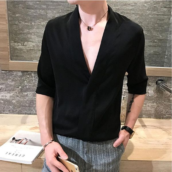 mens shirt deep v-neck summer slim fit night club party solid male half-sleeve big size -5xl1, White;black 
mens shirt deep v-neck summer slim fit night club party solid male half-sleeve big size -5xl1, White;black