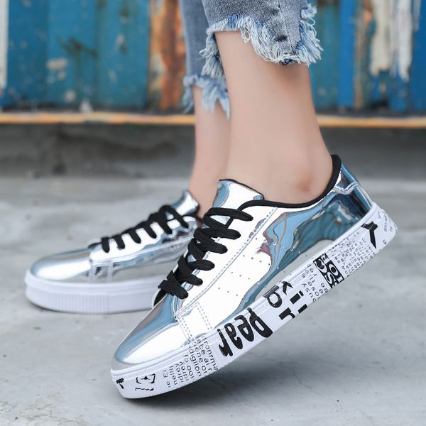 fashion woman's man's four seasons golden silver shiny platform sneakers women men leather walk running casual sports shoes q1223, Black;white
fashion woman's man's four seasons golden silver shiny platform sneakers women men leather walk running casual sports shoes q1223, Black;white