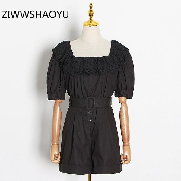 ziwwshaoyu summer female black office playsuits fashion designer women square collar lace belt short sleeve elegant rompers, Black;white
ziwwshaoyu summer female black office playsuits fashion designer women square collar lace belt short sleeve elegant rompers, Black;white