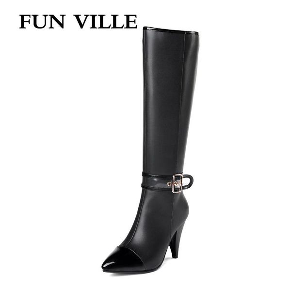boots fun ville 2021 style women knee high genuine leather winter heel warm pointed toe spike big size 34-45, Black
boots fun ville 2021 style women knee high genuine leather winter heel warm pointed toe spike big size 34-45, Black