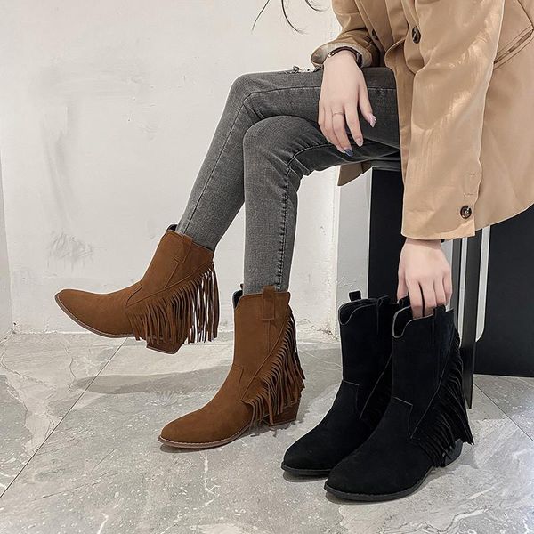 boots women's solid color retro casual tassel pointed short all-match comfortable women high heel boot#, Black
boots women's solid color retro casual tassel pointed short all-match comfortable women high heel boot#, Black