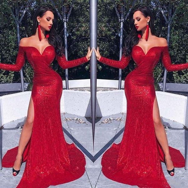red sequined prom dresses off the shoulder long sleeve thigh high slits mermaid evening dress plus size formal party gowns robes de soiree, Black;red
red sequined prom dresses off the shoulder long sleeve thigh high slits mermaid evening dress plus size formal party gowns robes de soiree, Black;red