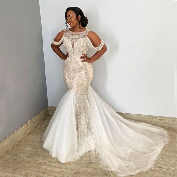 stunning lace mermaid wedding dresses beaded bateau neck plus size bridal gowns appliqued sweep train tulle vestido de novia, White
stunning lace mermaid wedding dresses beaded bateau neck plus size bridal gowns appliqued sweep train tulle vestido de novia, White