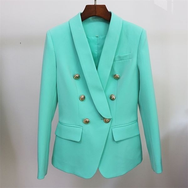 high street 2020 fashion designer jacket women's slim fit double breasted lion buttons shawl collar blazer mint green lj201214, White;black
high street 2020 fashion designer jacket women's slim fit double breasted lion buttons shawl collar blazer mint green lj201214, White;black