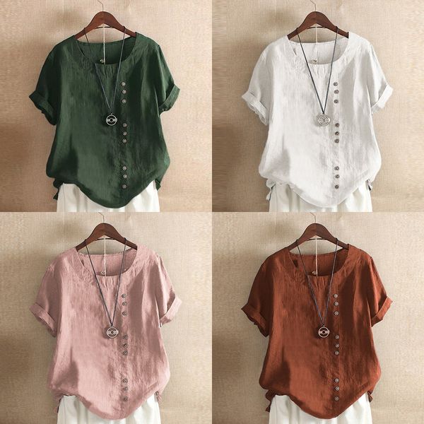 2020 women's t-shirt summer solid color short sleeve button large size casual button pullover loose cotton and linen pullover women, White
2020 women's t-shirt summer solid color short sleeve button large size casual button pullover loose cotton and linen pullover women, White