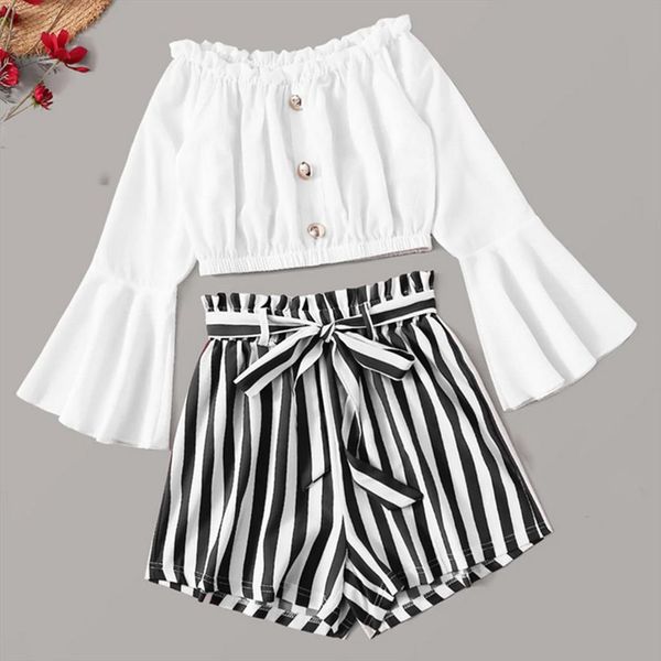 fashion flare sleeve bending two piece set slash neck crop 2 piece set women striped drawstring short pants women suits, Gray
fashion flare sleeve bending two piece set slash neck crop 2 piece set women striped drawstring short pants women suits, Gray