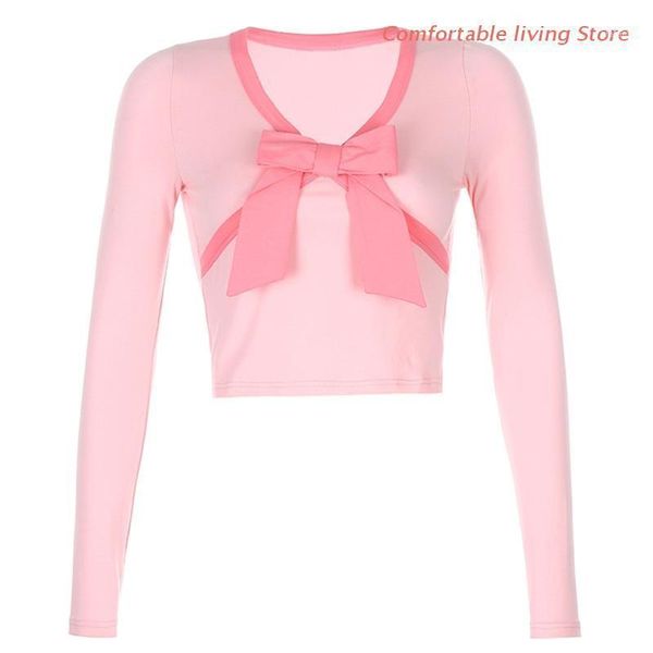 women long sleeve v-neck slim t shirt sweet contrast color pink bow crop, White
women long sleeve v-neck slim t shirt sweet contrast color pink bow crop, White