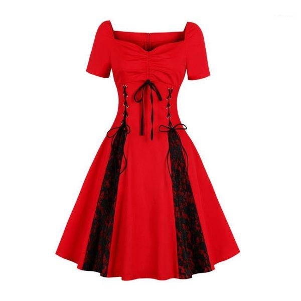 women lace up patchwork dress summer v neck cotton aline vintage dress style party rockabilly plus size1, Black;gray
women lace up patchwork dress summer v neck cotton aline vintage dress style party rockabilly plus size1, Black;gray