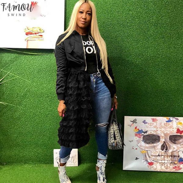 long sleeve casual bomber jackets women clothes front zipper mesh ruffle patchwork coat high street solid hem maxi outwear, Black;brown
long sleeve casual bomber jackets women clothes front zipper mesh ruffle patchwork coat high street solid hem maxi outwear, Black;brown